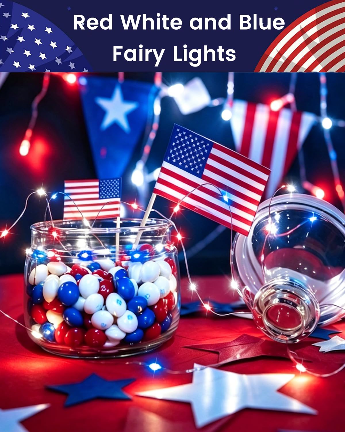 4 Pack 20FT 60LED Red White and Blue Battery Operated Fairy Lights with Timer, 4th of July Battery String Lights Waterproof Outdoor Indoor, Battery Twinkle Lights Independence Day Memorial Day Decor