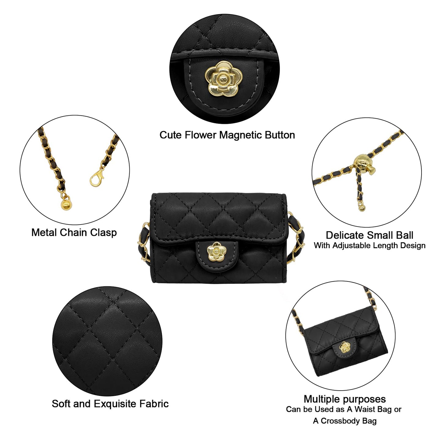 YAMEIZE Mini PU Leather Chain Belt Bag for Women Quilted Waist Purse Crossbody Fanny Pack Detachable Belt Chain