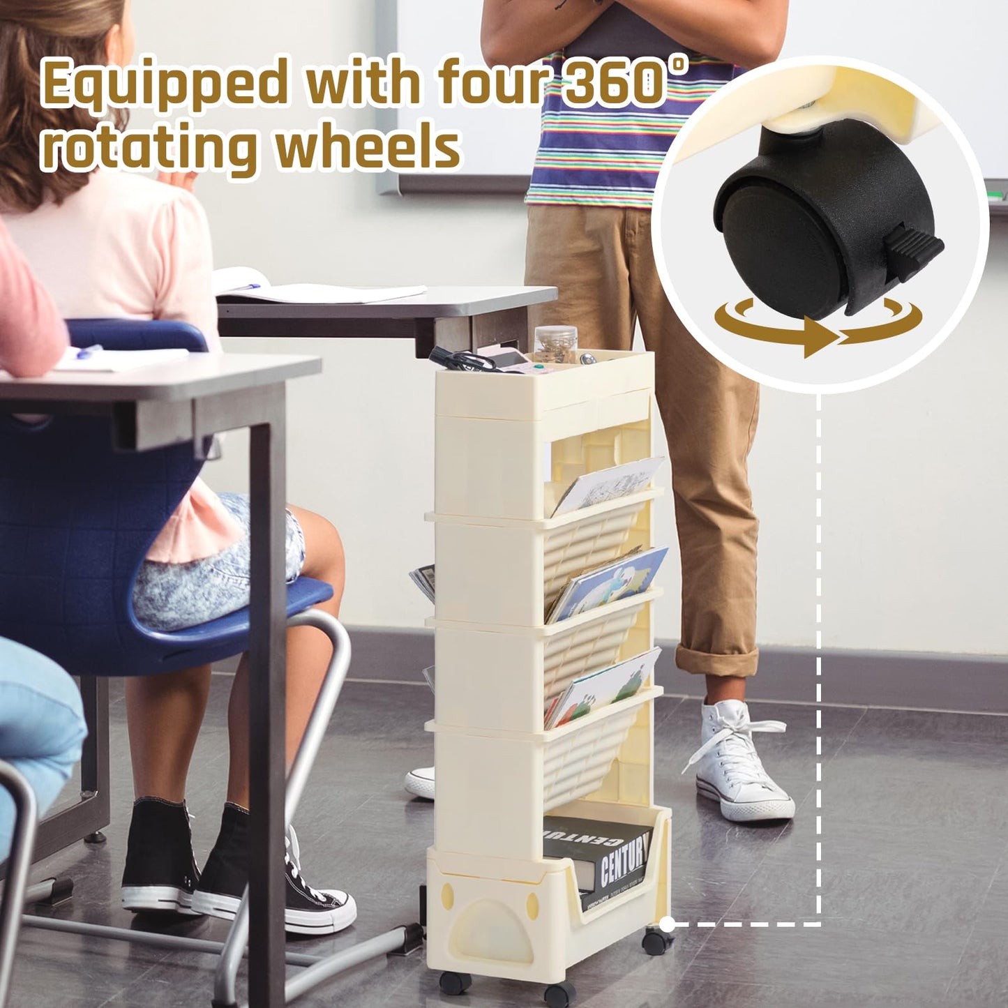 AGTEK 5 Tier Rolling Utility Cart, Book Cart with Wheels, Office Book Carts with Divided Top Shelf for Organizing Books and Supplies in Home, Office, Classroom, Beige