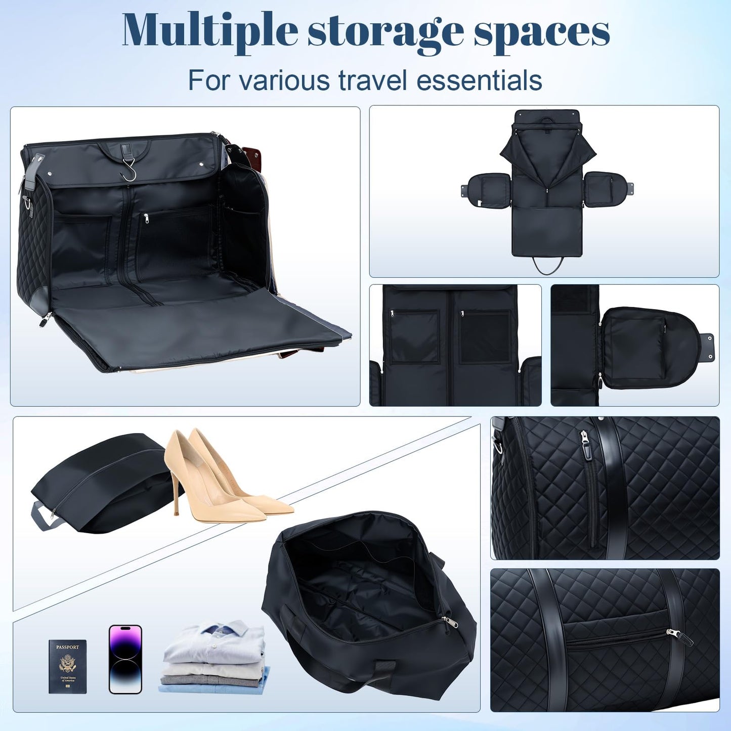 GARPROVM Garment Bags for Travel Women, 3 in 1 Convertible Garment Duffle Bags with Separated Tote Bag, Waterproof Suit Bag Travel Carry On Luggage Weekender Bag for Business Trip, Black