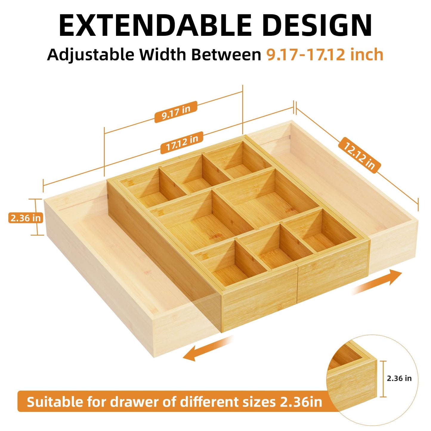 Marbrasse Bamboo Expandable Drawer Organizer, Desk Drawer Organizer Tray with 5 Dividers, Desk Organizers and Accessories, 10 Adjustable Compartments for Office Supplies, Junk, Makeup & Vanity