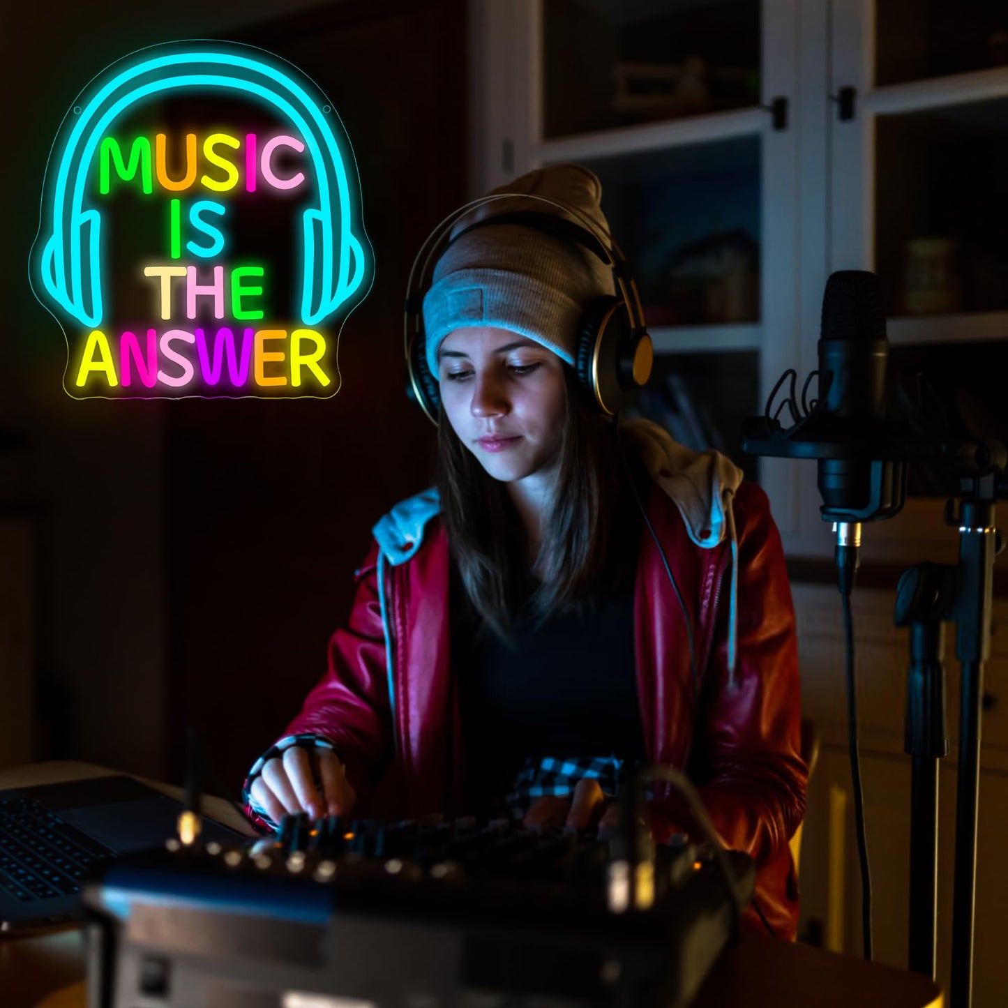Music Neon Sign for Wall Decor Music Is The Answer LED Neon Light for Studio Dimmable Bar LED Sign for Livehouse Bar Party Bedroom Rock And Roll LED Light Birthday Gifts Size 12.5 * 12.1In(TWP304)
