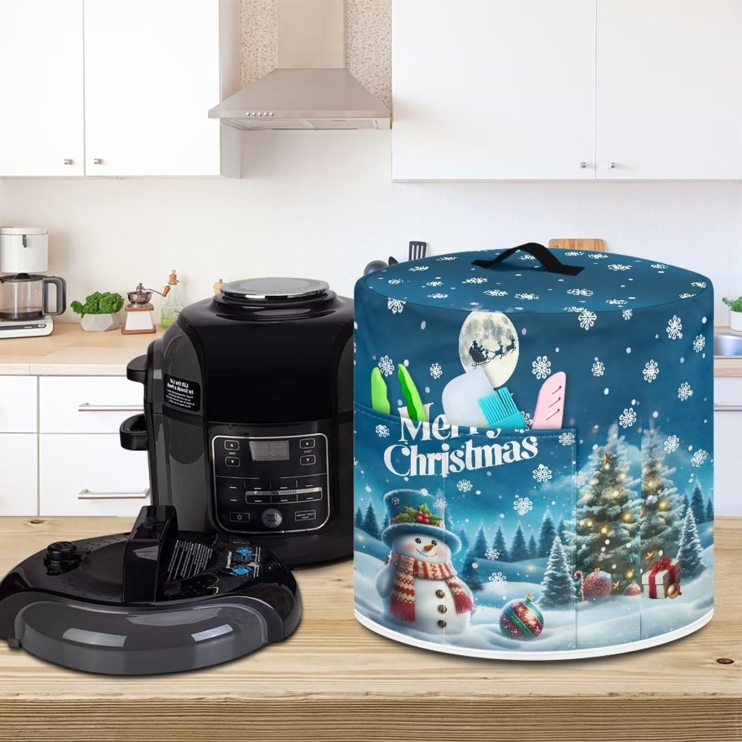 Tutolipy Deer Snowman Round Dust Covers for Kitchen Appliances Waterproof Air Fryer Cover with Top Handle for Rice Cooker Air Fryer Slow Cooker,for 6 Qt Pot Electric Appliance