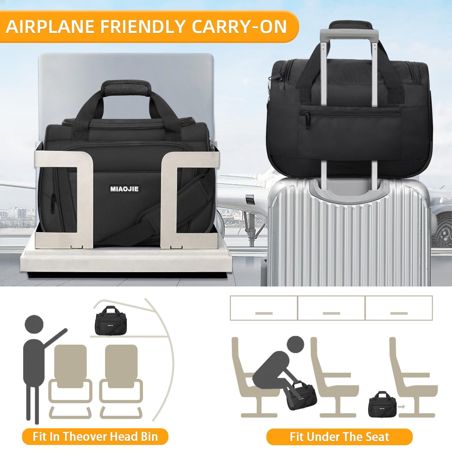 Underseat Carry On Luggage Lightweight Travel Tote Weekender Bag Overnight Duffle Bag for Travel, Travel Essentials Personal Item Travel Bag for Women and Men,Black-16Inch