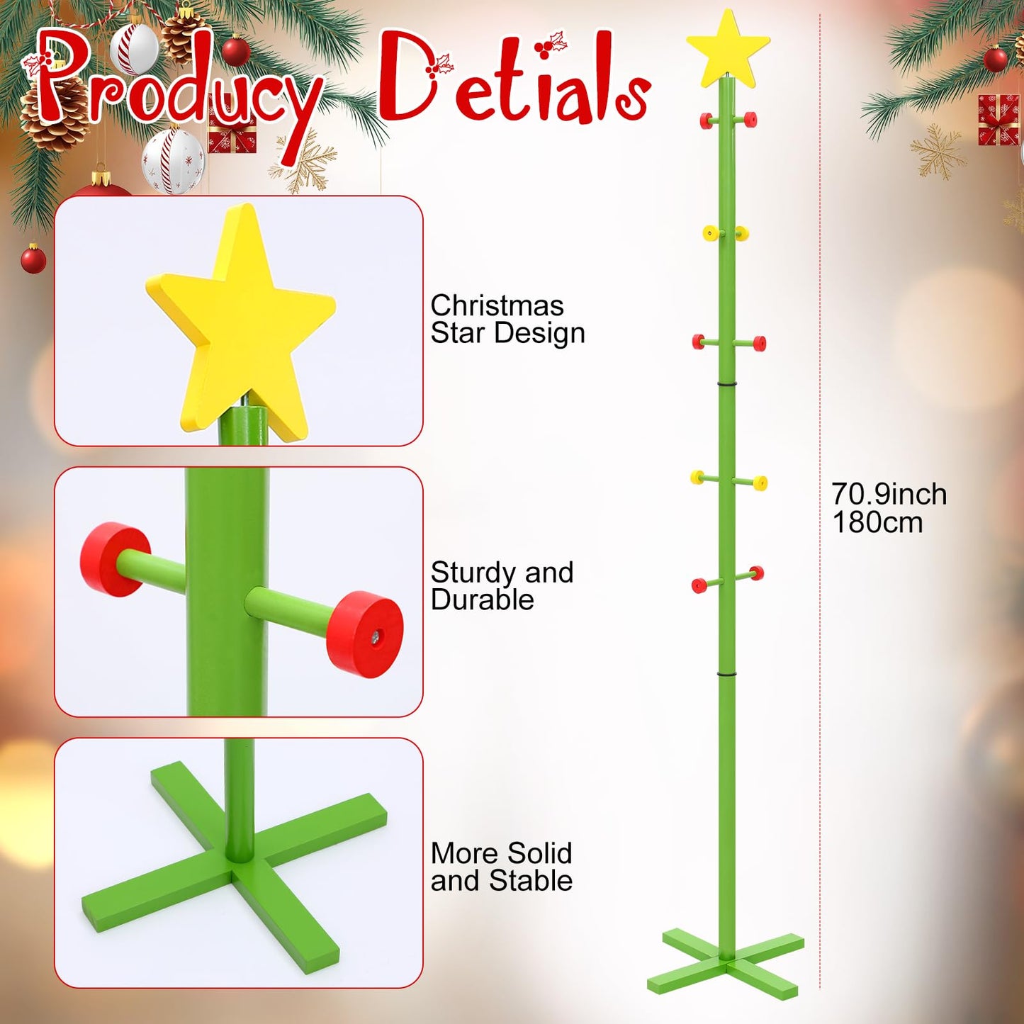 Capoda 71 Inch Christmas Stocking Holder Stand for Floor, Freestanding Wooden Christmas Tree Star Stocking Rack with 10 Hooks Hanger Stand for Xmas Winter Holiday Room Decoration
