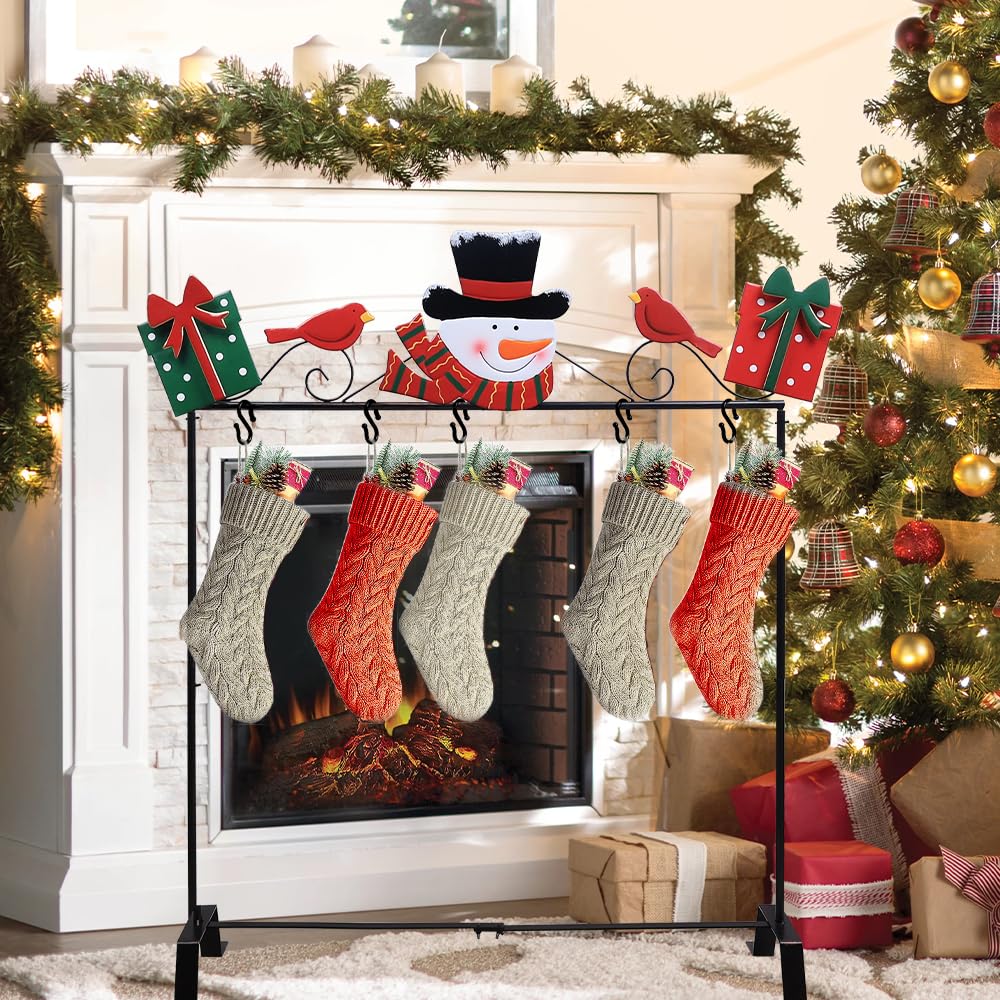 YEAHOME Christmas Stocking Holder Stand, Metal Freestanding Stocking Stand with Snowman Red Bird Xmas Gifts Box, 5 Hooks Stocking Hanger for Christmas Decorations Indoor Home Living Room Fireplace