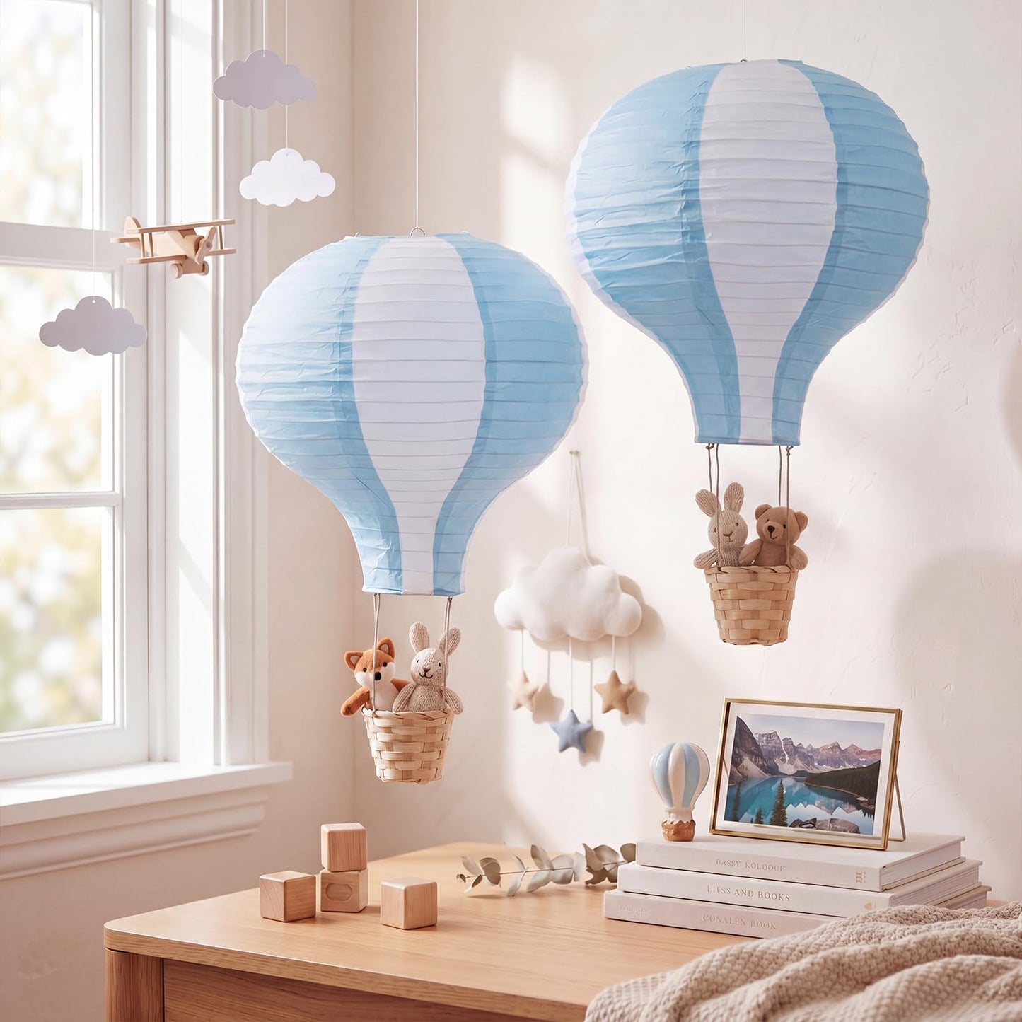Meooeck 2 Pcs Hanging Hot Air Balloon Nursery Decor 15.7 Inch Paper Hot Air Balloon Centerpieces Reusable Paper Lanterns Set for DIY Craft Wedding Birthday Christmas Living Room Home, Blue White