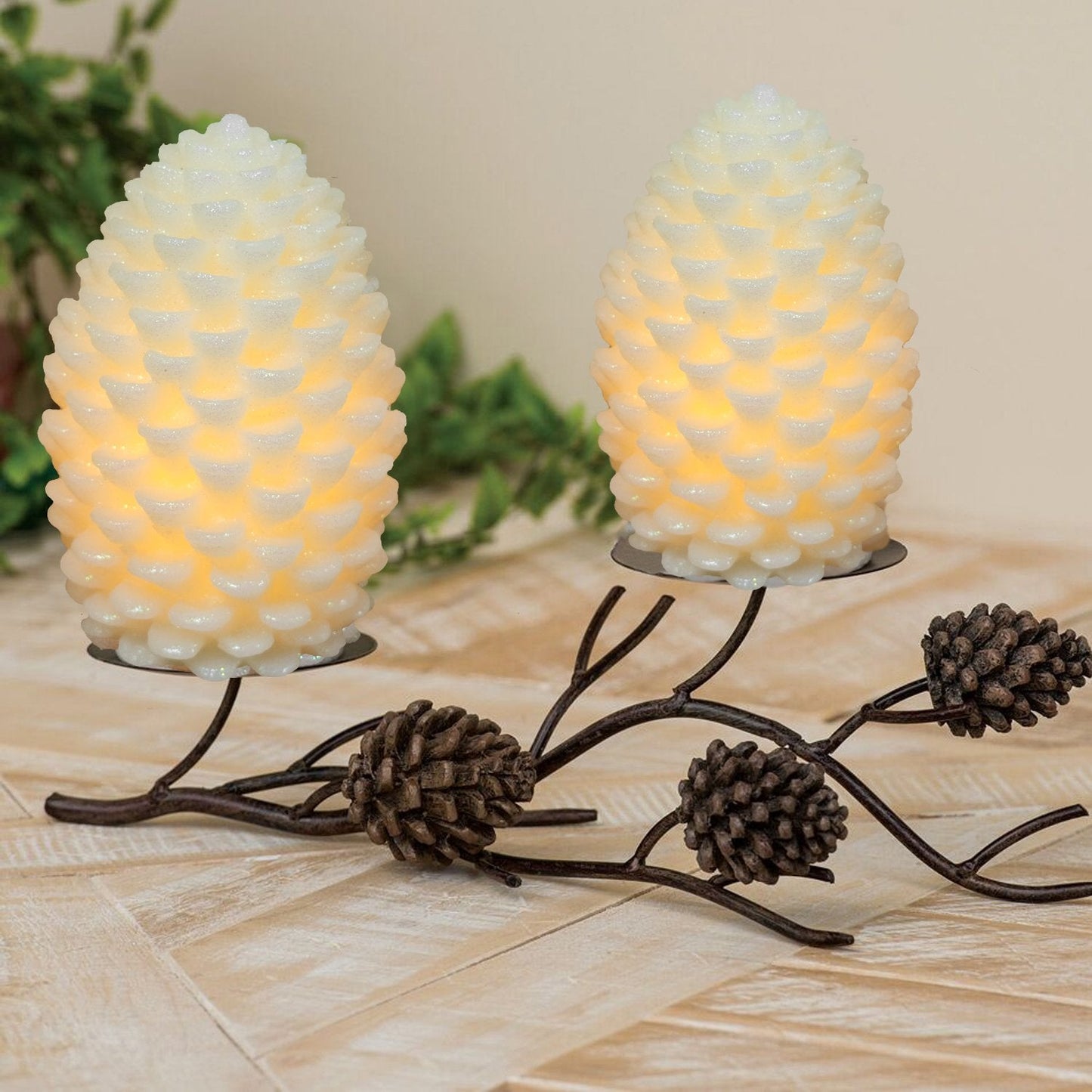Wondise Pine Cone Flickering Flameless Candles with Remote and Timer, Battery Operated LED Real Wax Flameless Candles, for Christmas Decoration, Set of 2(Ivory)