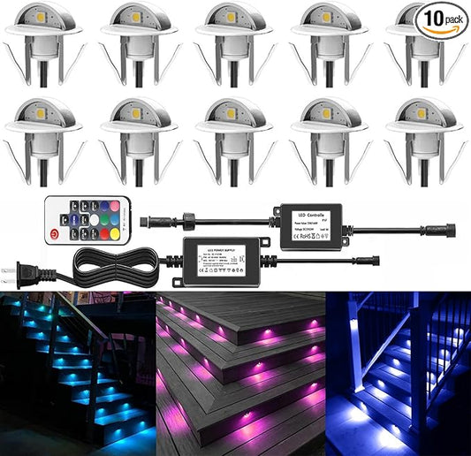 10 Pack LED Stair Lights Kit Outdoor 1-2/5" 0.2W-0.4W Low Voltage Waterproof IP65 Multi-Color RGB Recessed Wood LED Deck Lighting Yard Garden Patio Step Landscape Pathway Decor Lamps(RGB)