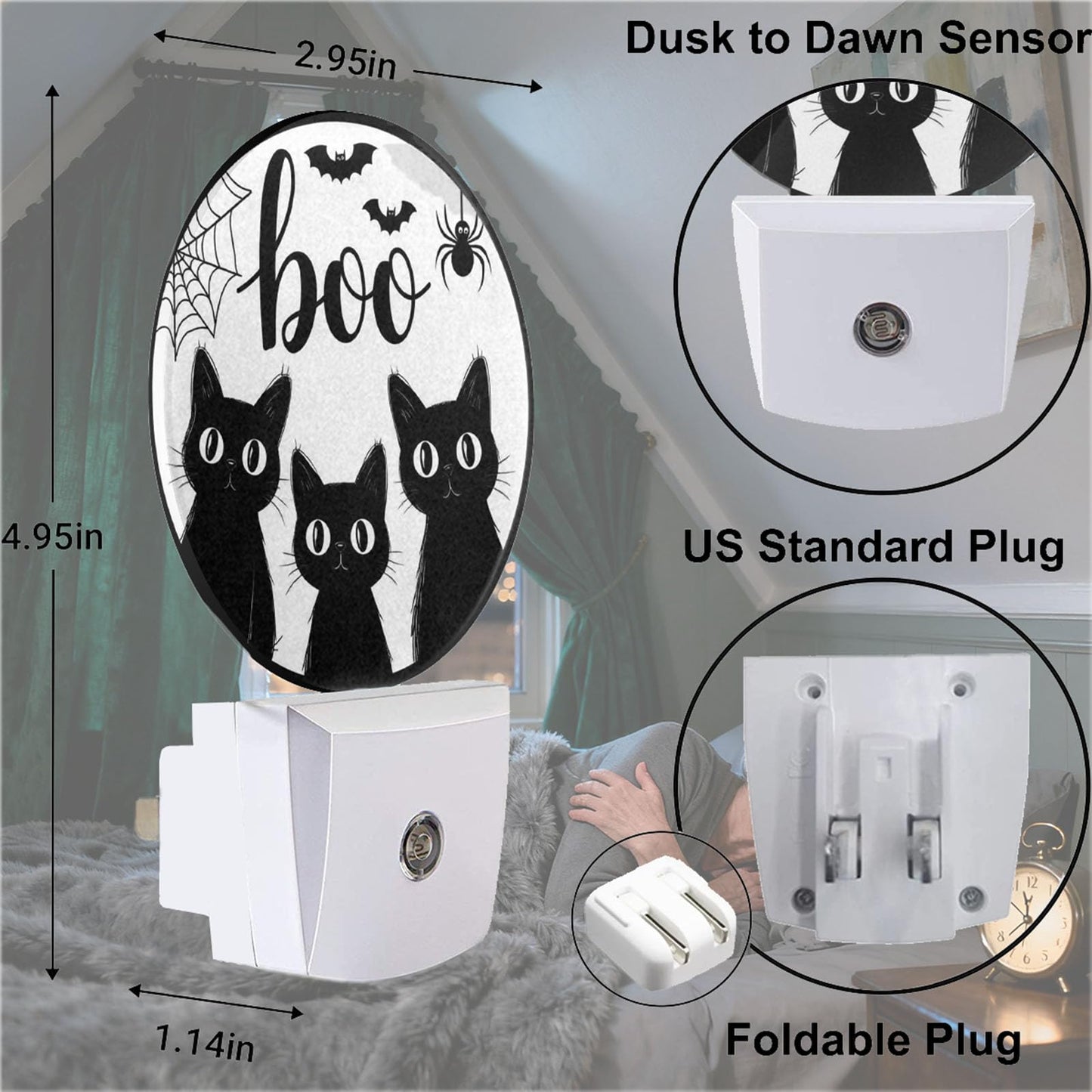 Mugod Black Cat Plug-in Nightlights Halloween Bats Spider Web Night Light Plug into Wall with Dusk-to-Dawn Sensor LED Lighting 0.5W Sleep-Friendly