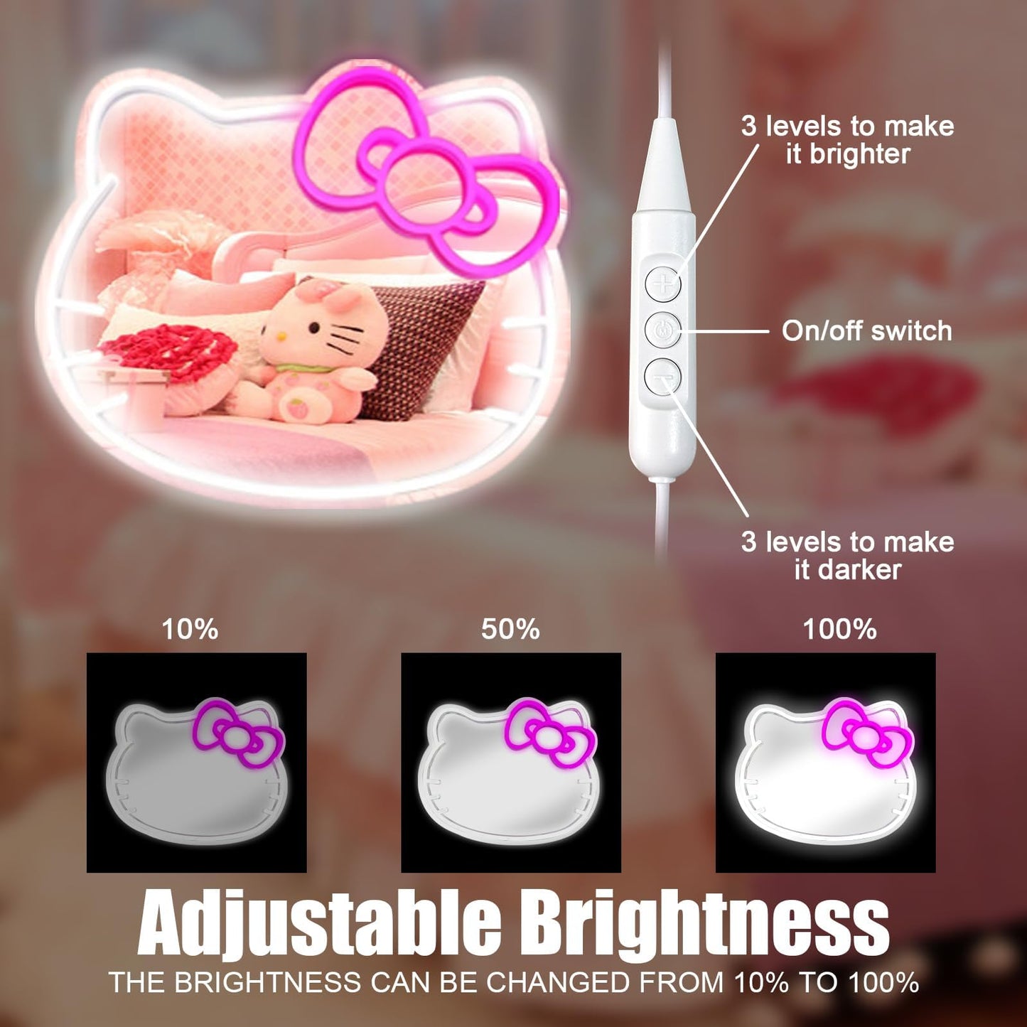 MCJSGSP Anime Hello Kit Mirror with Light Neon Signs for Wall Decor, Dimmable for Teen Girl Gift，Makeup Mirror neon Sign Room Decor (16.1 * 14 inch)