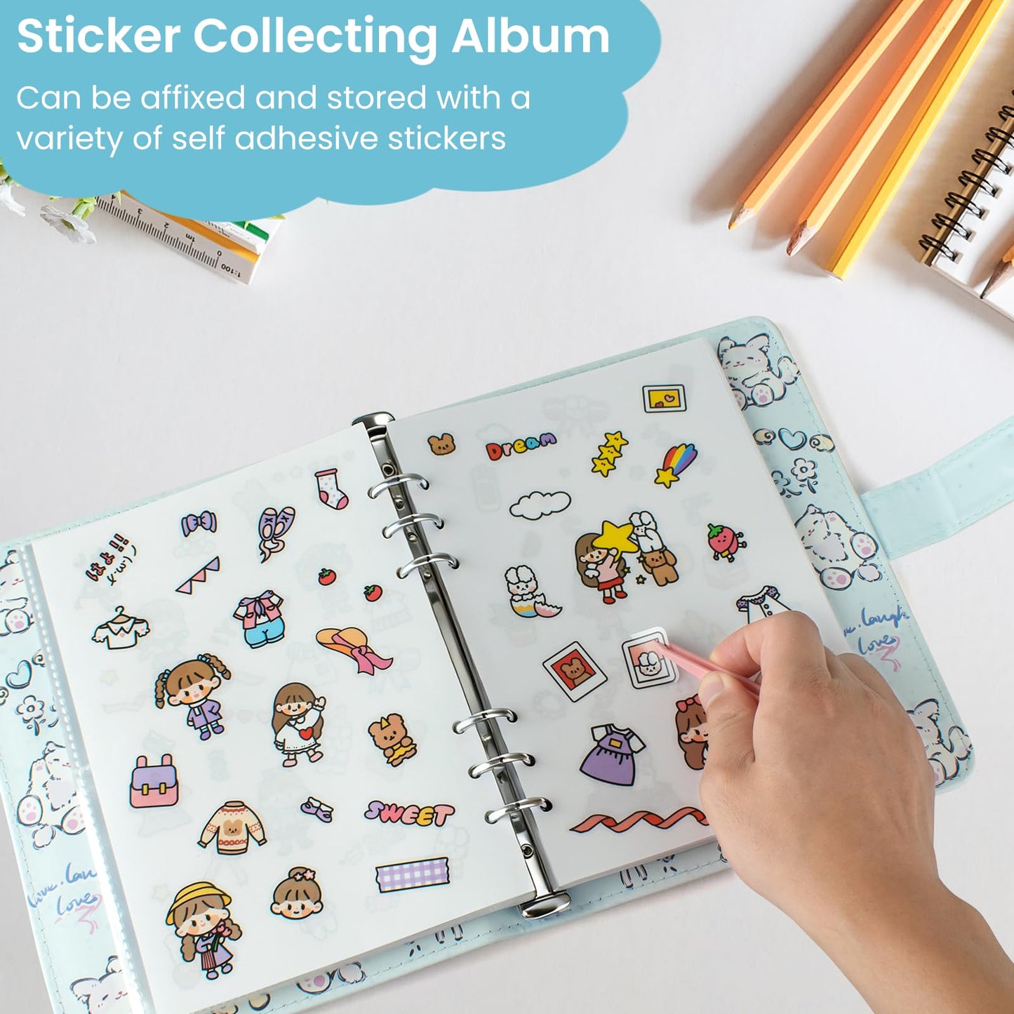 Reusable Sticker Book Collecting,A5 Binder Album Storage Organizer with Blank Release Paper and Pocket for Adult Kids,Cartoon Leather Binder Cover & Magnetic Buckle Closure(Blue)