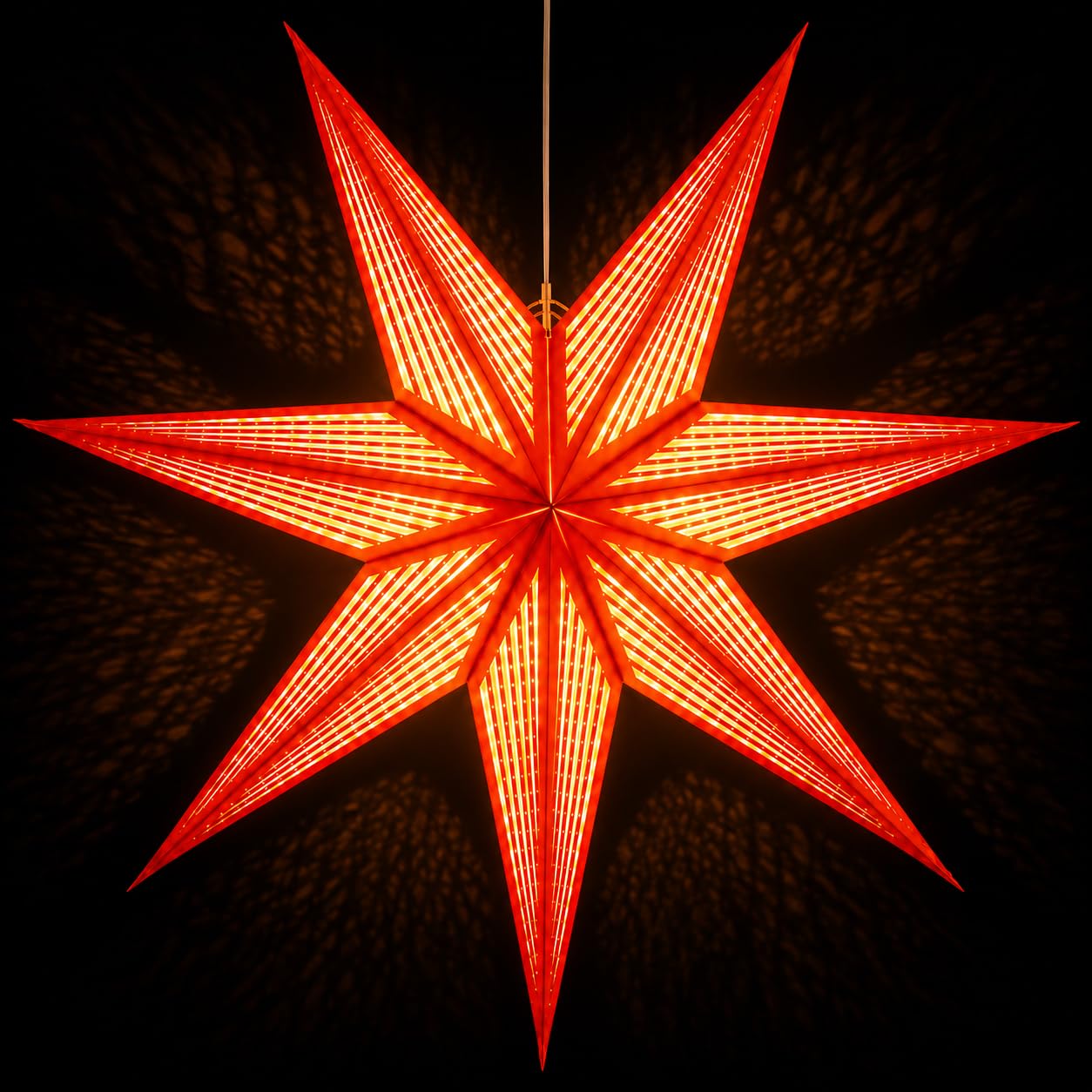 GalaxyArts 7-Point Paper Star Lantern - Striped Cutout Hanging Light Decoration - Foldable Hollow Out Star Lamp Shade for Home, Party, Christmas, Wedding Décor - Indoor/Outdoor 3D Hanging Star(Red)