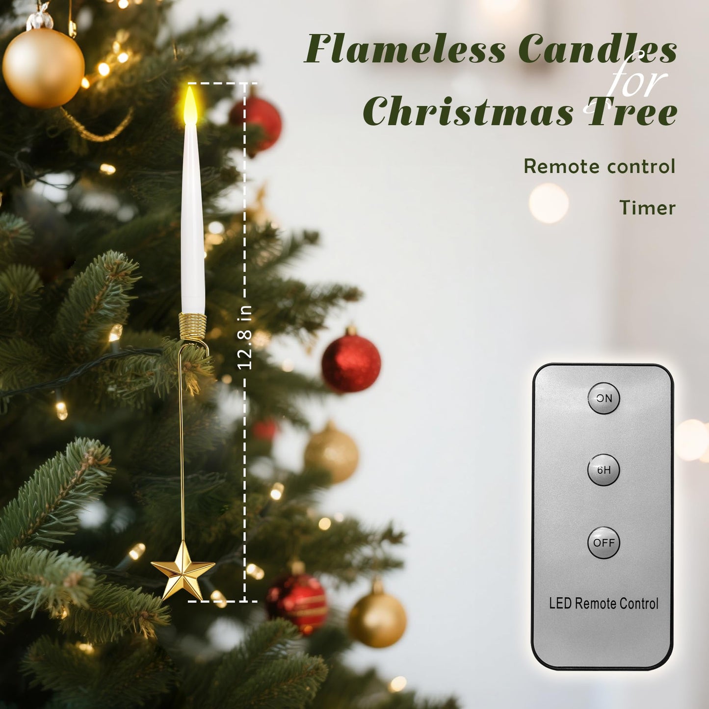 Christmas Tree Candles, 10 Pack Flameless Taper Candles for Christmas Tree Decor, Fake LED Candle Battery Operated with Remote for Xmas Wedding Home Gift with Gold Star Hook