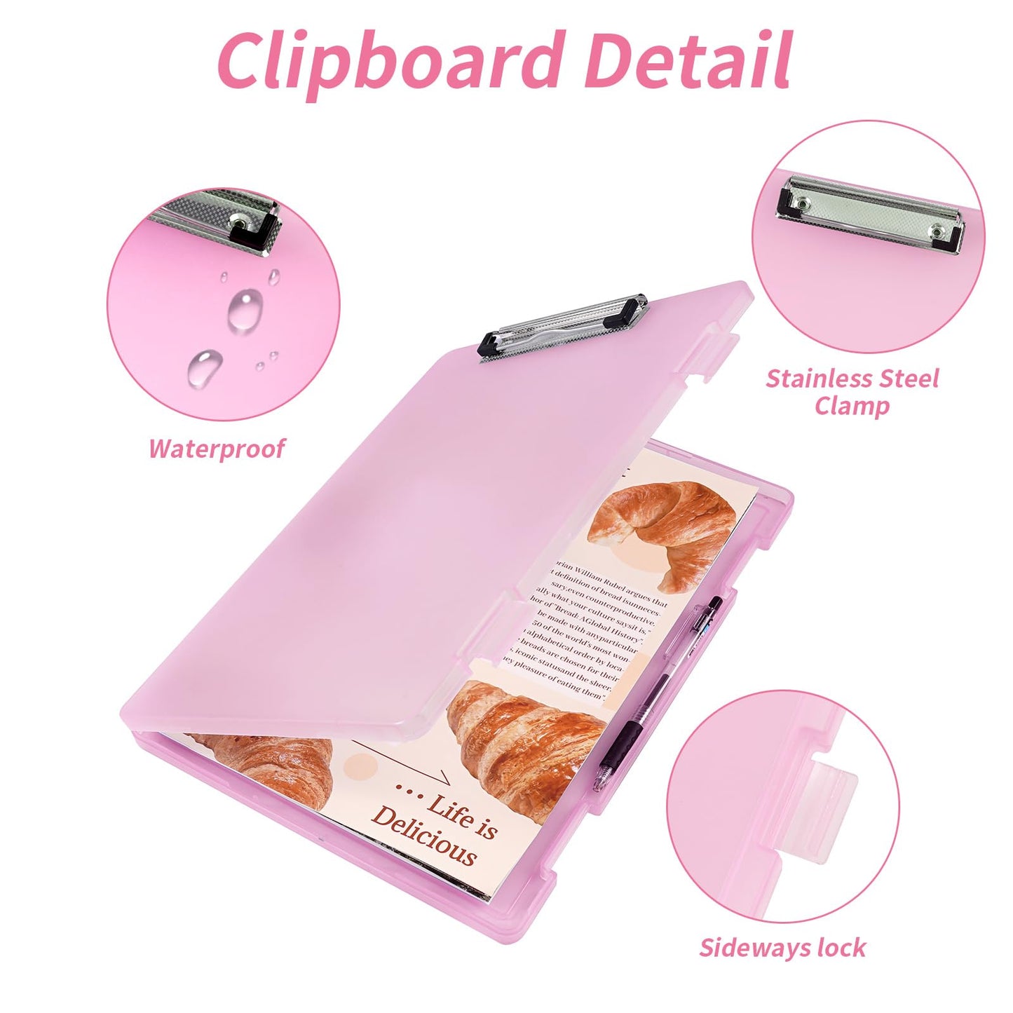Clipboard with Storage, Clear Pink Plastic Clipboard with Side Opening, Waterproof Foldable Heavy Duty Nursing Clip Board for School & Office, Letter Size/ A4 with Christmas Stickers (Clear Pink)