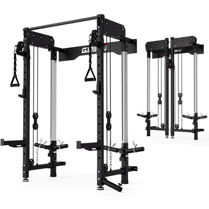 GOIMU WM3-V4 Folding Squat Rack, Wall Mounted Power Rack with Dual Independent Pulley System, Functional Trainer with 5 Adjustable Function Modes for Space Saving (WM3 Folding Cage Black)
