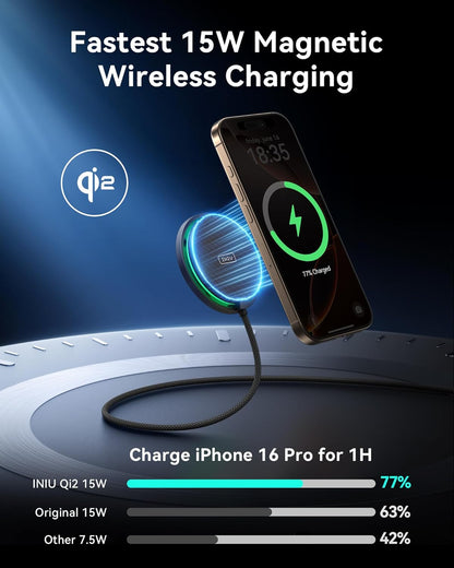 INIU Magnetic Wireless Charger, Qi2 Certified 15W Fast Mag-Safe Wireless Charging Pad with Cooling Fan, Only for iPhone 17 16 15 14 13 12 Series, AirPods, and More (Adapter Included)