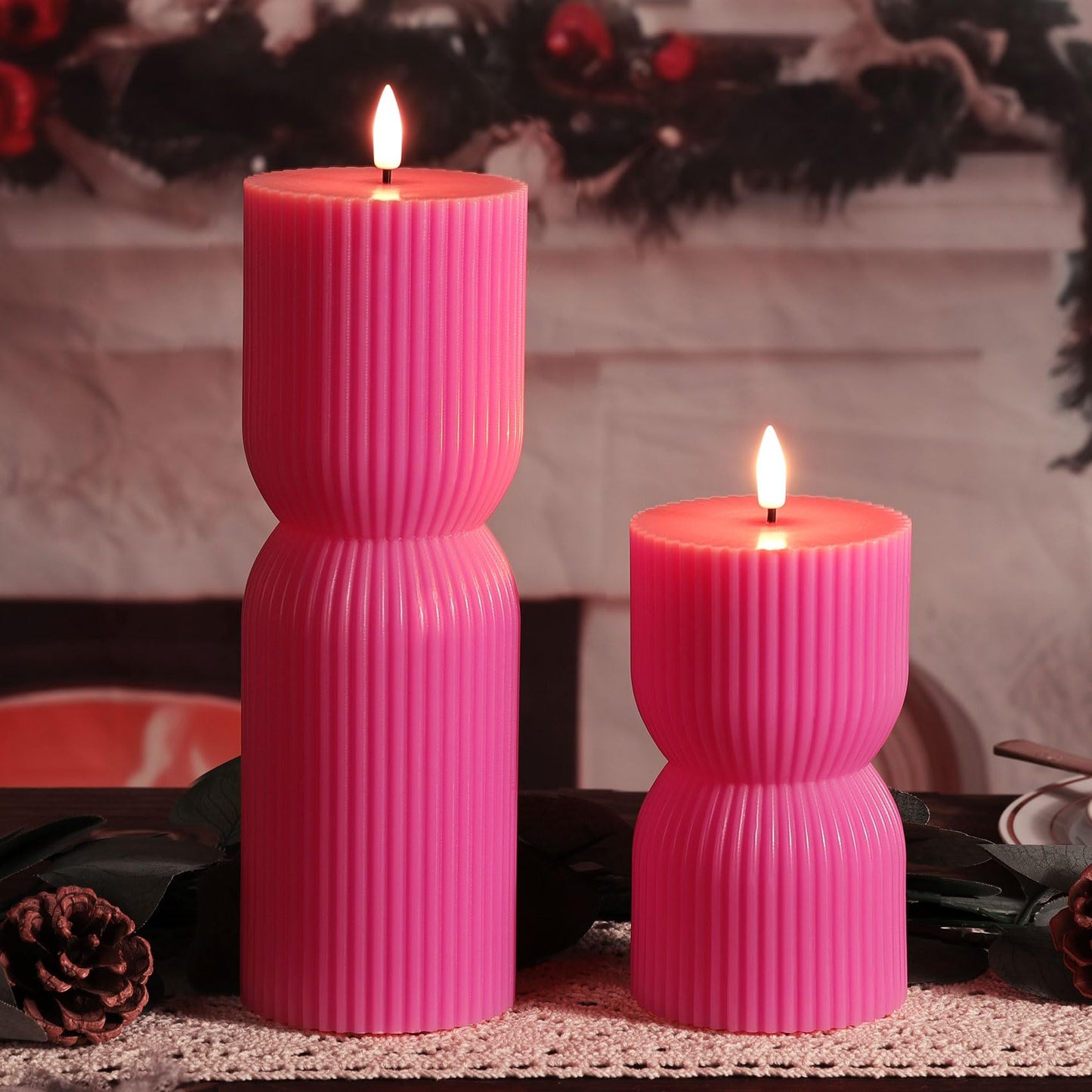 Girimax Hot Pink Ribbed Flameless Pillar Candles with Remote, Real Wax Flickering Battery LED Candles Set of 2