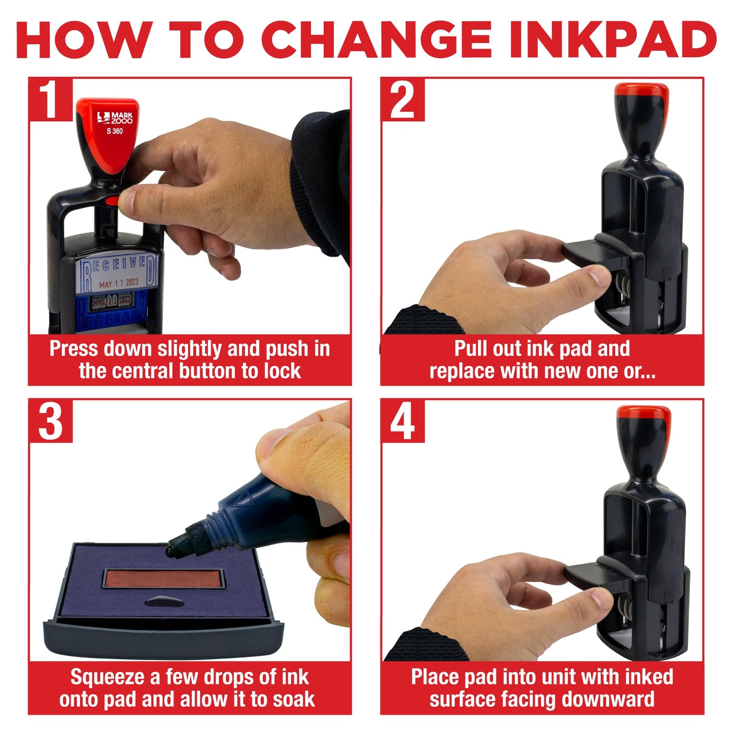 Mark 2000 Self-Inking Rubber Date Office Stamp with Received Phrase - Blue Ink & Date Red Ink - 12-Year Band