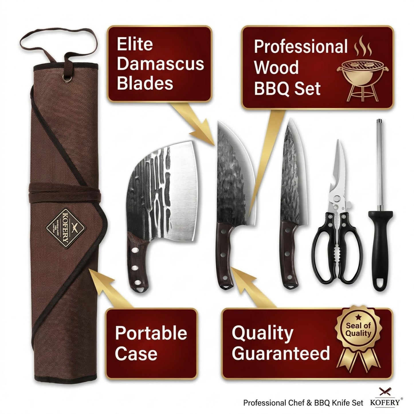 KOFERY Hand Forged Butcher Knife Set with Full Tang Damascus Steel for Pit Master BBQ, Smoking Meat and Meat Carving, Including Roll Bag, Shears and Sharpener for Outdoor Camping Gifts for Men