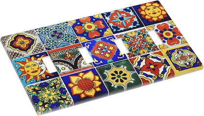 Traditional Colorful Talavera Mexican Spanish Moroccan Tiles Quad Gang Toggle Light Switch Cover 4-Gang Wall Plates Decorative Electrical Switchplate for Home Bedroom Art Decorate