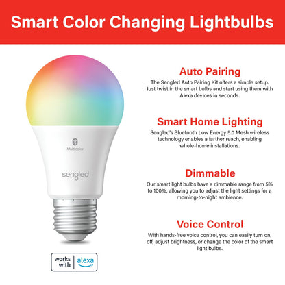 Sengled Light Bulb, S1 Auto Pairing with Alexa Devices, Color Changing , Smart Light that Work with , Bluetooth Mesh Smart Home Lighting, E26 60W Equivalent, 800LM, 4 Count (Pack of 1)
