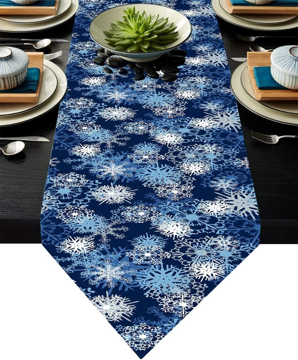 Snowflake Table Runner Winter,Blue Christmas Table Runners Supplies Centerpiece Table Decorations for Dining Coffee Birthday,13x70inch