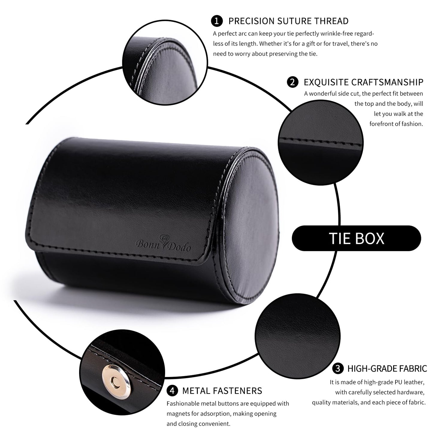 Tie Box for Men 's PU Ties case Necktie Organize Cylinder Leather Men’s Storage Portable Tie Roll for Travel Business Gifts (Black)