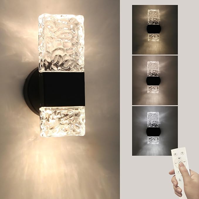 HuisMier Black Crystal Wall Sconces, Modern 3000K-6000K Dimmable LED Wall Light Fixtures with Remote, K9 Crystal Vanity Wall Lighting for Bathroom Bedroom Living Room Stairway Hallway, Hardwired