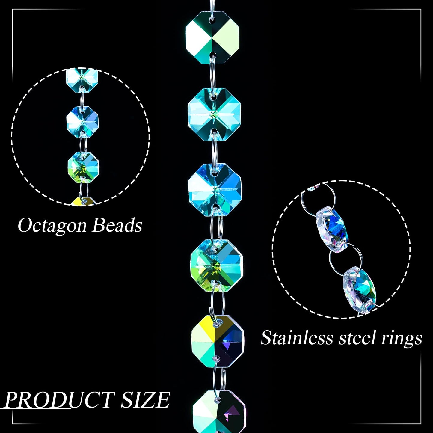 Blushtier Crystal Garlands Acrylic Octagon Bead Strands 14mm Iridescent Clear Diamond Hanging Chandelier Chain Ornament String for Wedding Manzanita Centerpiece Holiday Party(16 ft)