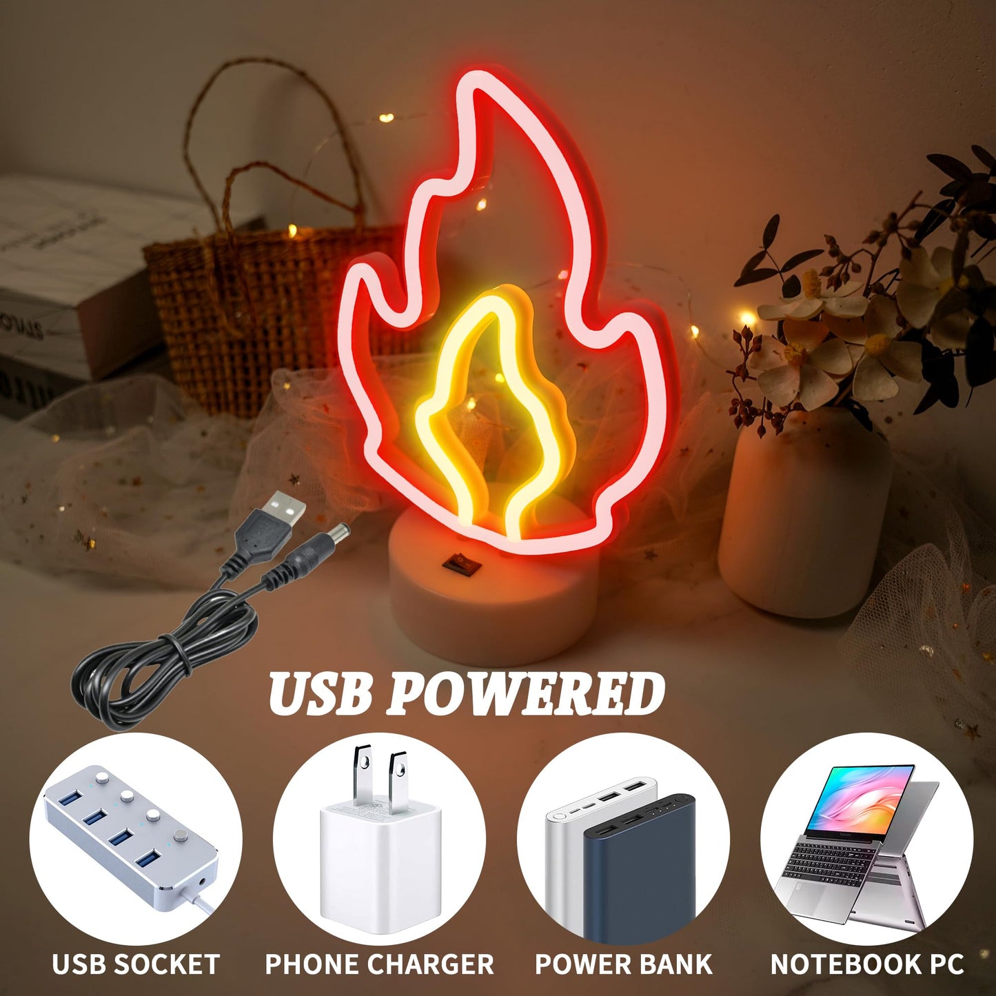 AurGun Fire Flame Neon Sign with Base, LED Fire Neon Lights for Room Decor, USB & Battery Powered Table Lamp Flame Led Light Sign for Home, Bedroom, Party, Birthday, Christmas Decor, Kids Gift