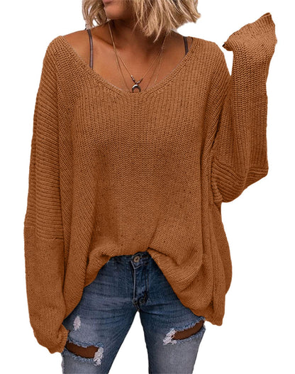 BZB Women's V Neck Long Sleeve Knit Loose Oversized Pullover Sweater Top