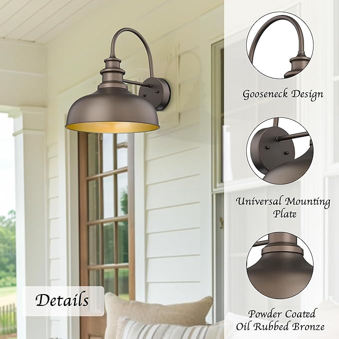 Bestshared Gooseneck Barn Light 14 Inch Dome Farmhouse Wall Mount Light Fixture, Exterior Lighting Fixture,Wall Porch Light for Front Door, Entryway, Patio (ORB+Gold, 14” Dome-1Pack)