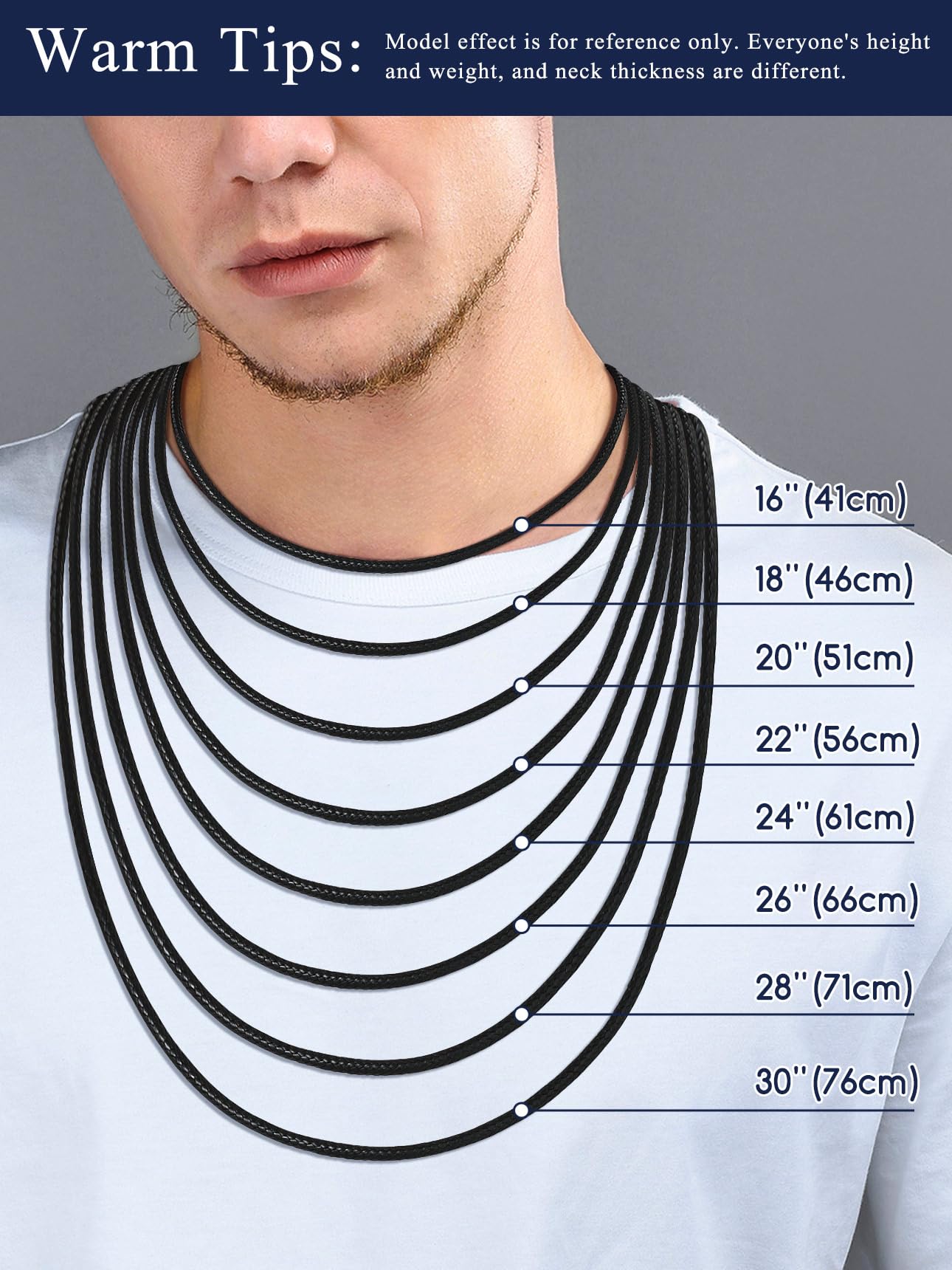 Waterproof Braided Choker Cord, Black Leather Chain With Stainless Steel Snap Clasp - Unisex Necklace, 18 inch