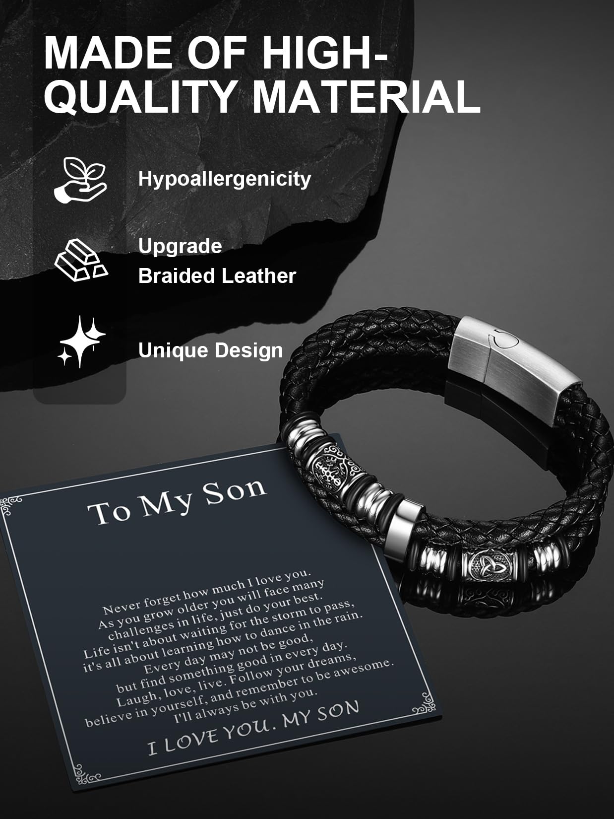 ChainsPro Leather Bracelet Gifts for Men,Black Braided Bracelets Stainless Steel Celtic & Compass Bracelets Leather,Ideas Jewelry Gifts for Anniversary Christmas Father's Day Birthday Valentines Engraved with To My Son 8.26 inches