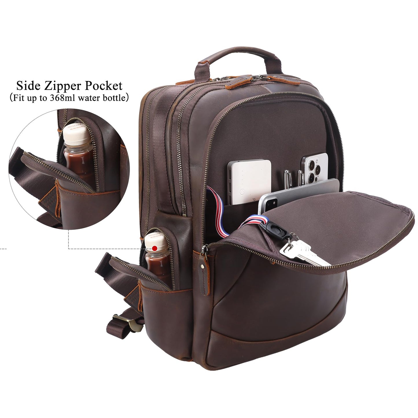 TIDING Vintage Full Grain Leather 15.6 Inch Laptop Backpack for Men Large Capacity Travel Rucksack Weekender Camping Daypacks