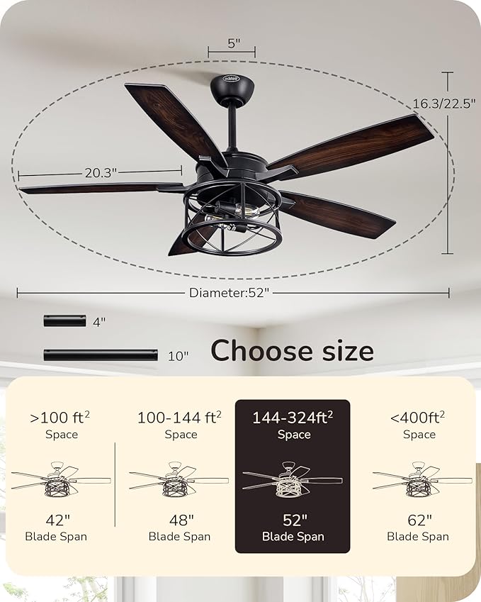 EDISHINE 52 Inch Farmhouse Ceiling Fans with Lights, Remote Control, 5 Wooden Blades, Dimmable, Timer, 6 Speeds Reversible DC Motor, Rustic Lighting & Ceiling Fan for Bedroom Living Room, UL Listed