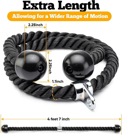 Double Length Tricep Rope for Cable Machines - 55 Inch Heavy Duty Pulldown Attachment, 4ft 7in Gym Strength Training Accessory & Home Workout Equipment (55in)