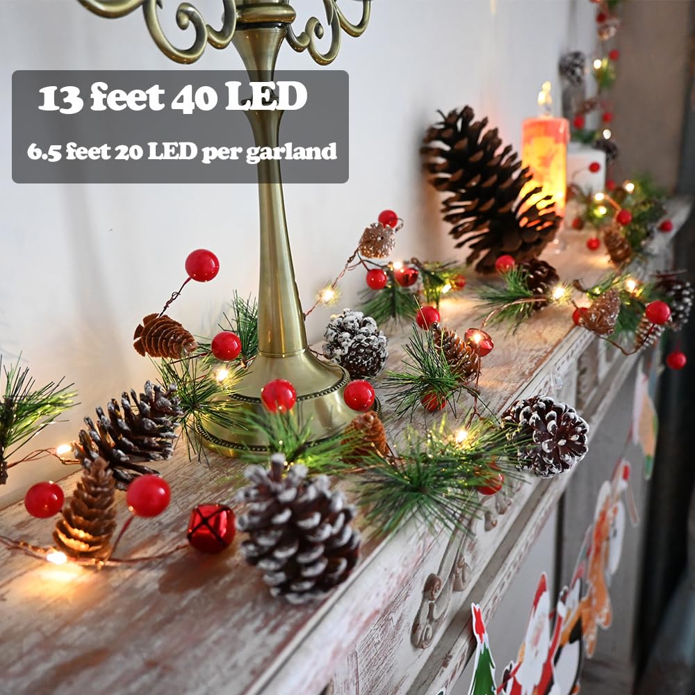 Christmas Pine Garland with Lights 13 Feet 40 LED Battery Operated Garland with Red Berry and Led Lights Xmas Tree Holiday Garlands for Home Windows Fireplace Stairs