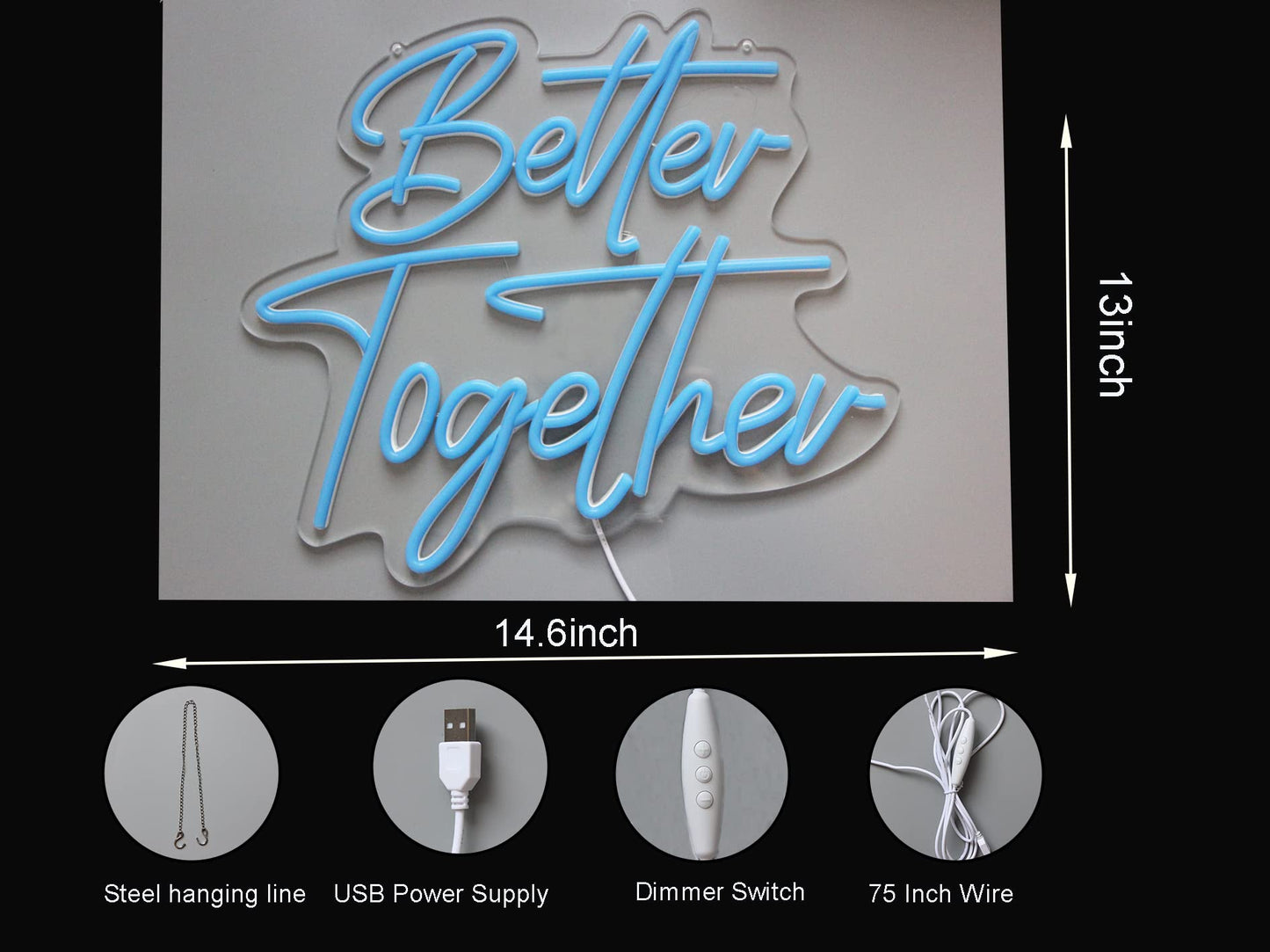 Better Together Neon signs Blue Led Neon Wedding Sign Lights For Bridal Shower Wall Decoration Engagement Anniversary Party With Dimmable Switch 5V USB Powered(14.6 * 13inches)
