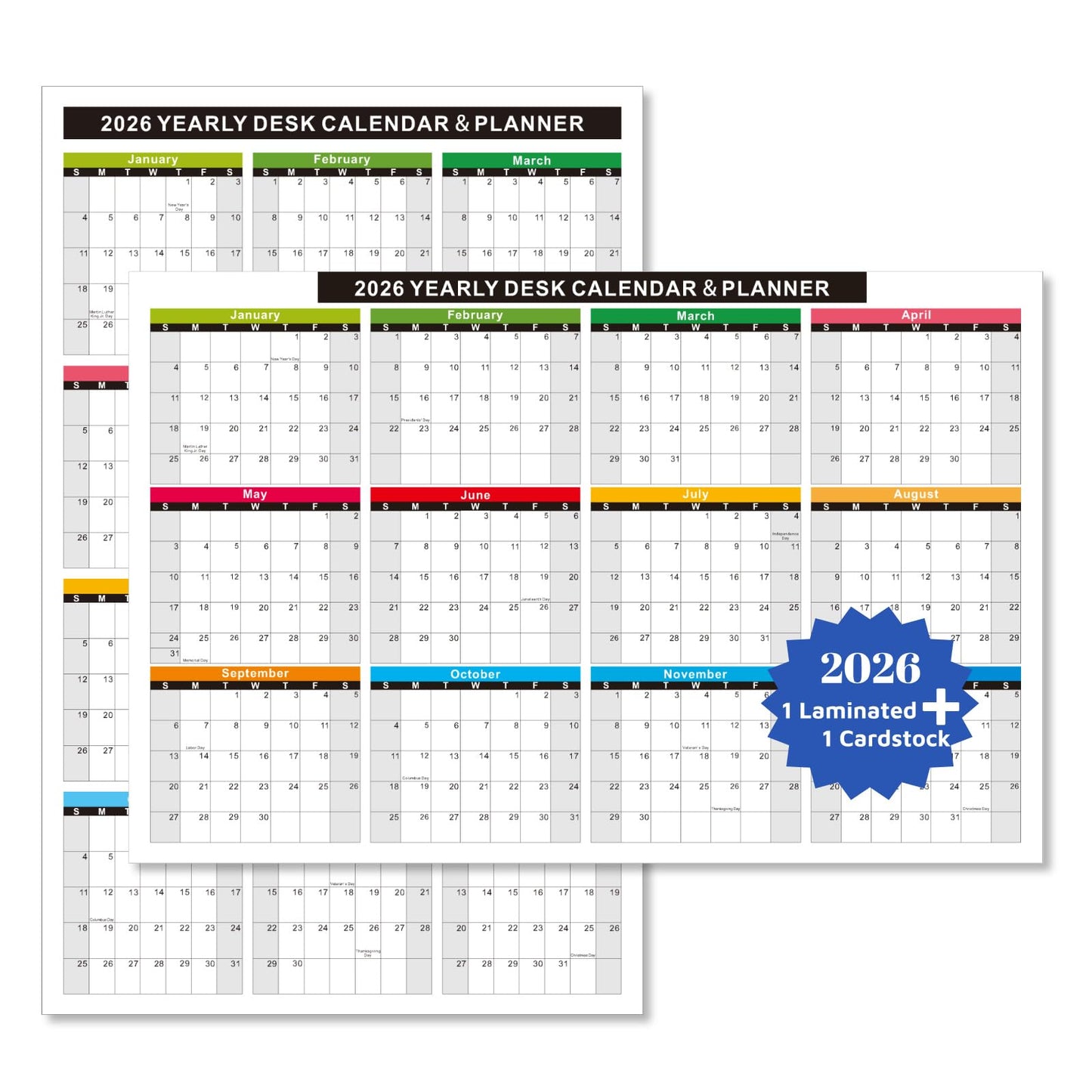 2026 Wall Desk Calendar 11x17 Inch, Reversible 2-Sided Horizontal or Vertical, 12 Month with Generous Block Space & Holidays Marked for Office, Home, School - 2 Pack (1 Laminated & 1 Cardstock)