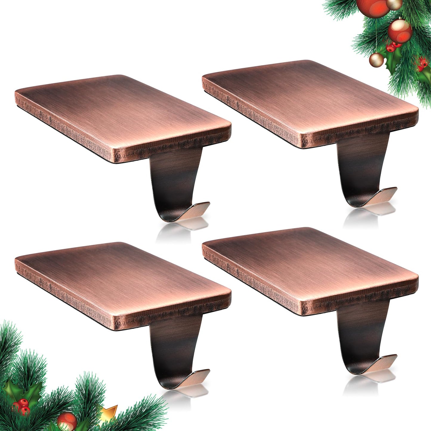 HMASYO Christmas Stocking Holders for Mantle Set of 4, Heavy Duty Iron Stocking Hangers Base, Low Profile Weighted Stocking Holder Hooks for Fireplace Tabletop Shelf Christmas Decoration, Copper