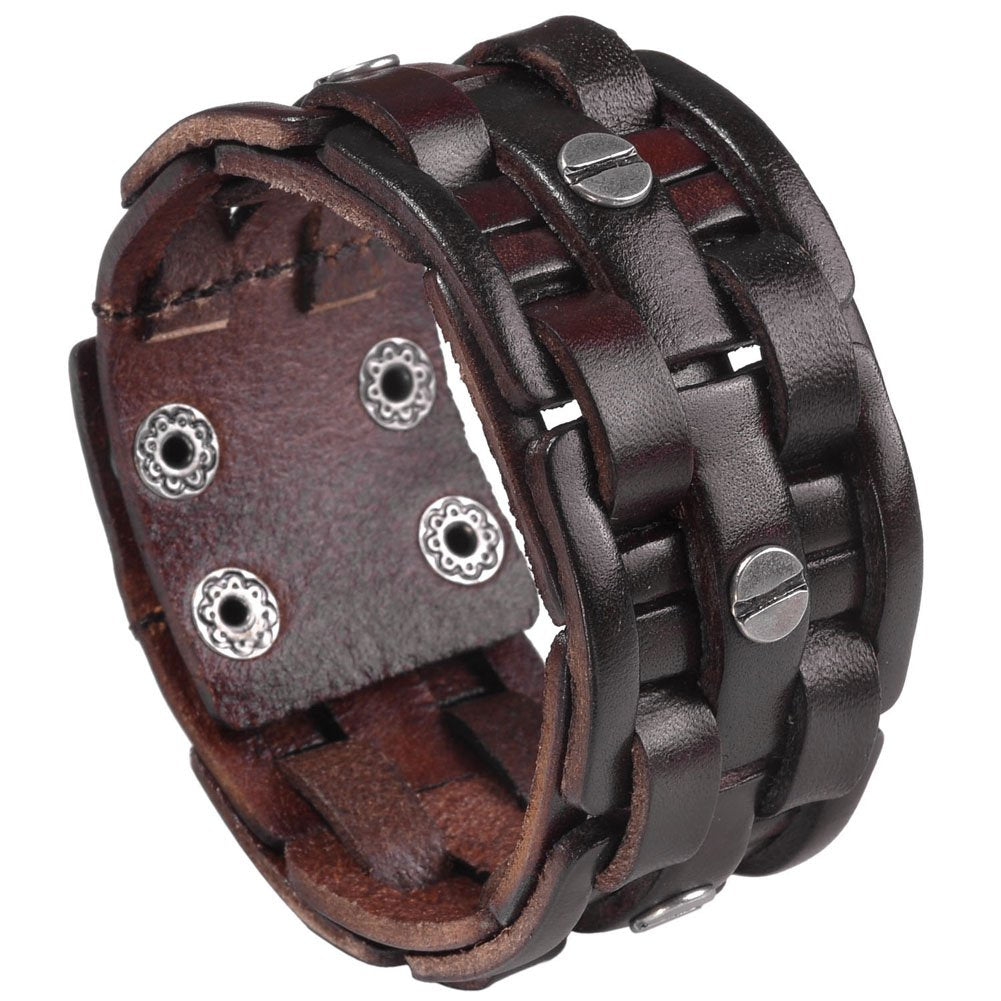 Zysta Punk Gothic Mens Genuine Leather Braided Bracelet Wristband Cuff Bangle 8.5-9" Brown