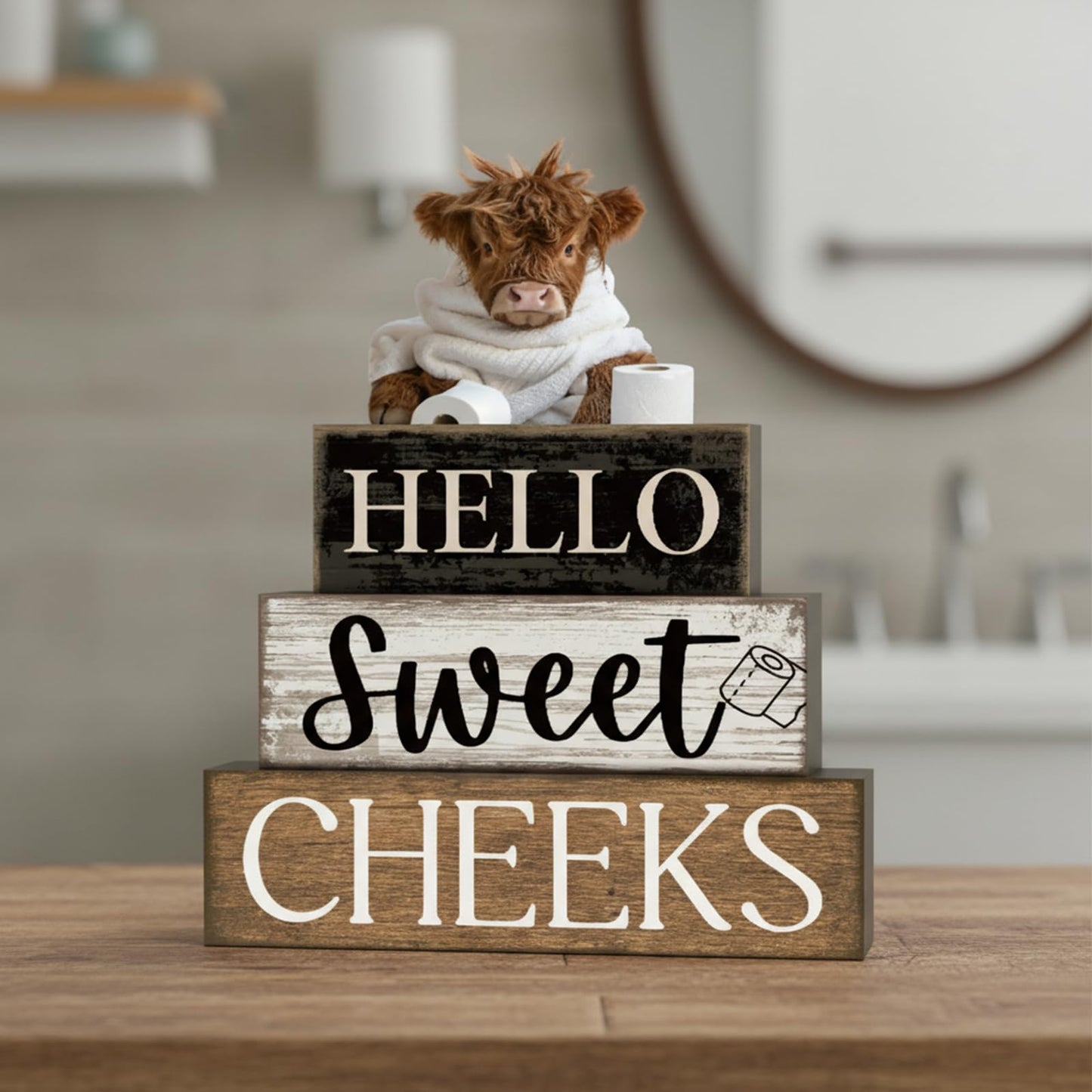 Moucuny 4 Pcs Bathroom Shelf Decor Highland Cow Farmhouse Bathroom Decor and Accessories Rustic Eucalyptus Leaves Hello Sweet Cheeks Highland Cow Sign Western Table Centerpiece for Home Office Toilet