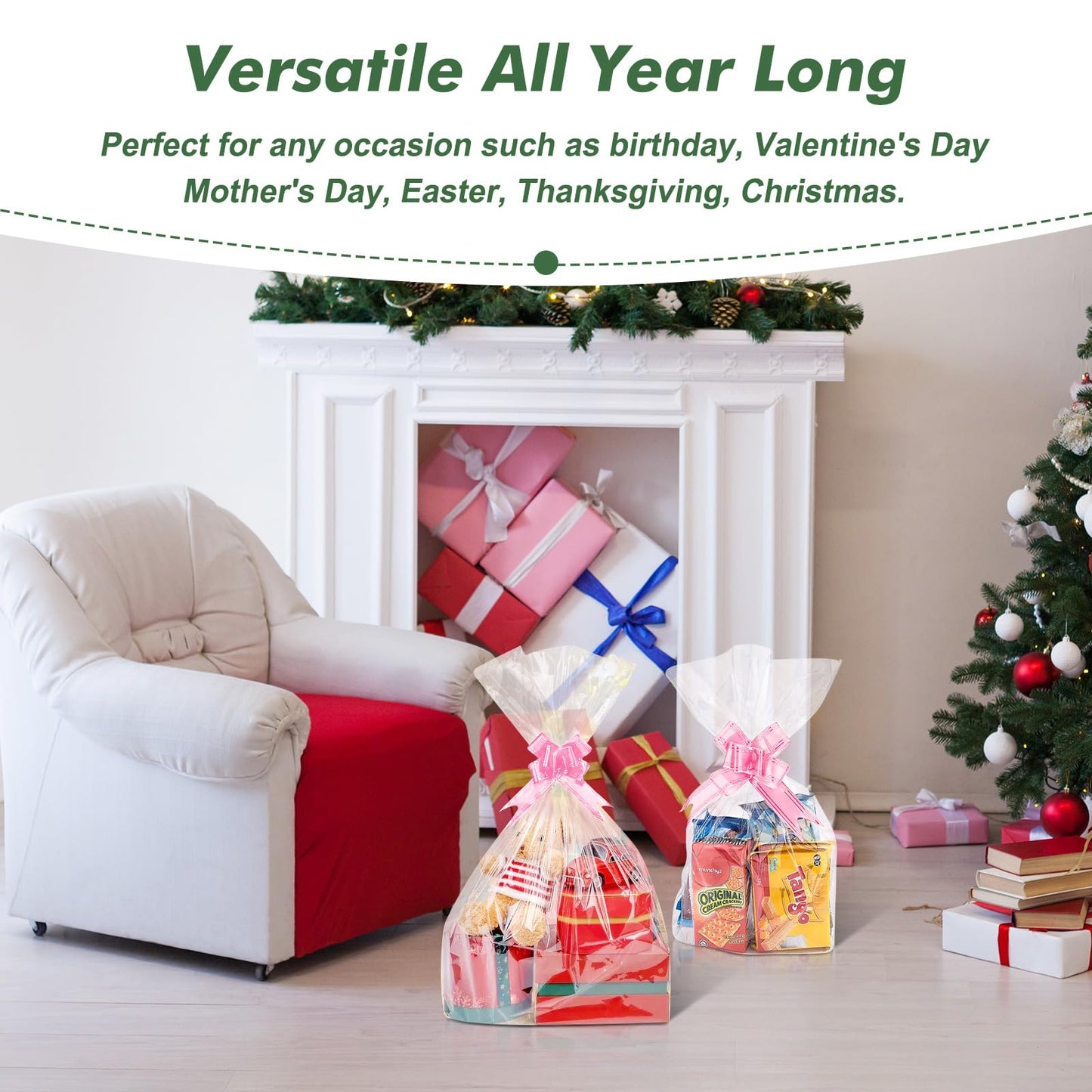 30 Packs 32 x 40 Inches Extra-large Gift Wrap Cellophane Bags for Basket Jumbo Clear Cellophane Wraps Clear Huge Cello Bags for Basket, Gift, Christmas Tree, Treat, Art and Craft, 30ct Red Ribbon Bows