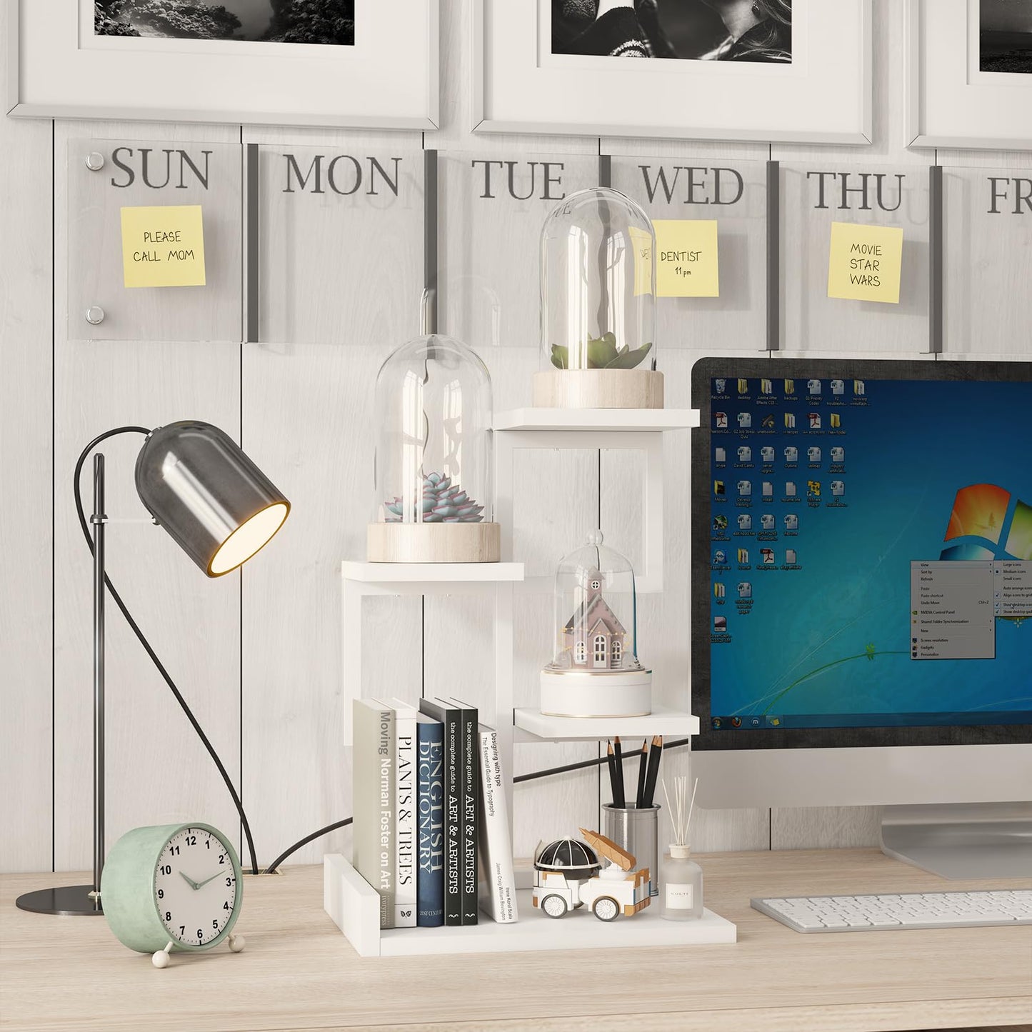 YMYNY Desktop Shelf Organizer, 4 Tier Storage Display Rack, Desk Shelf Organizer Small Bookshelf with Metal Frame for Office, Books, Plants, 12.2" x 9.45" x 17.52", White UHSR007W