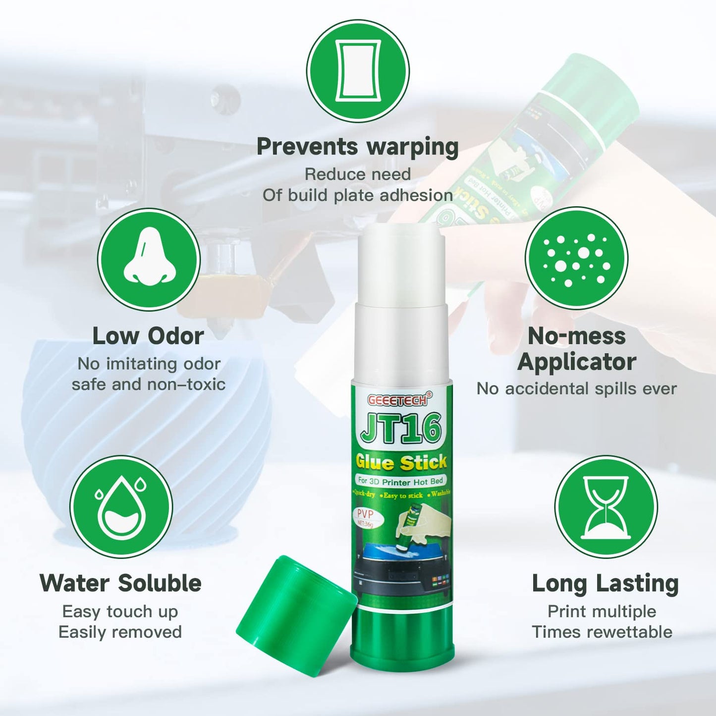 Geeetech 3D Printer Glue Sticks 6 Pack, 3D Printer Bed Adhesive for Hot Bed Printing, 36 Gram Each, Washable, PVP Solid 3D Print Glue Stick 3D Gloop for PLA/ABS/PETG/PC/PA/TPU Removing Printing Models