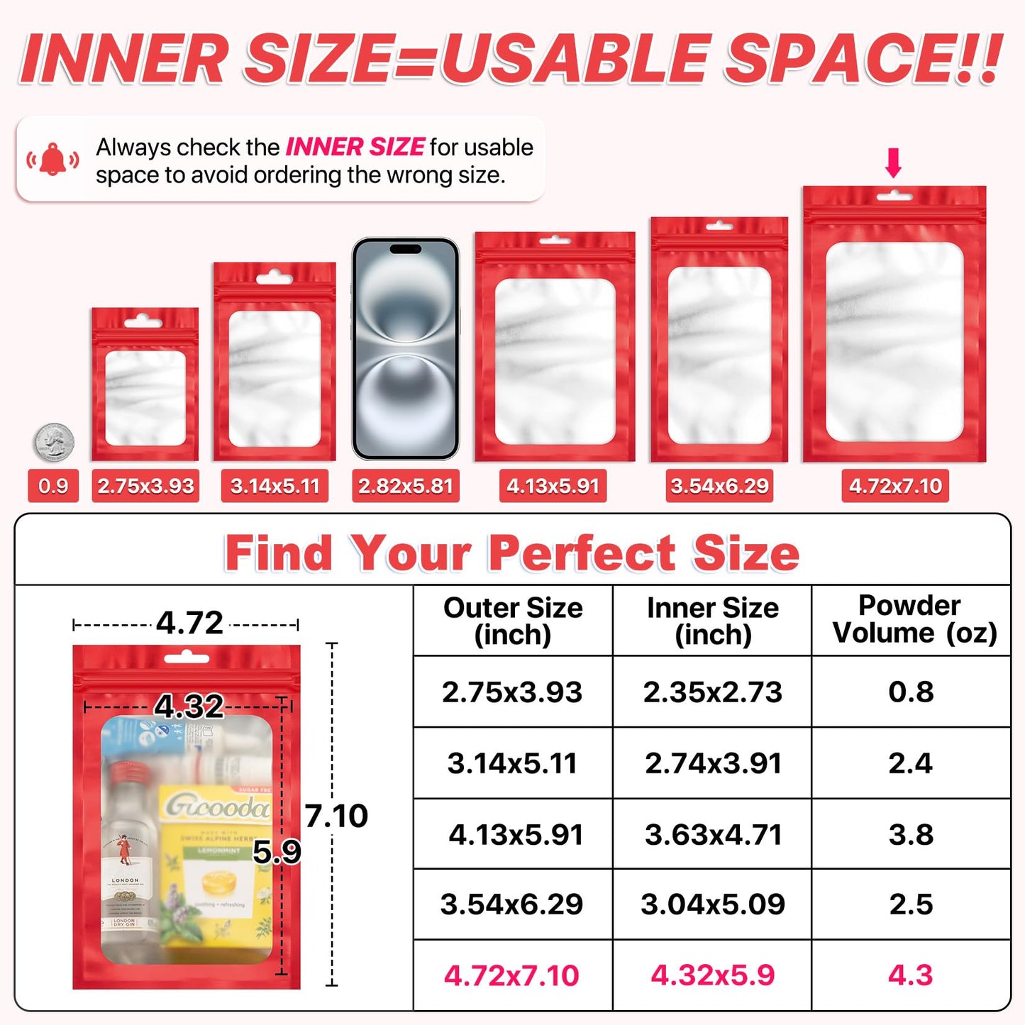 100 PCS Resealable Mylar Bags with Frosted Clear Window, Smell Proof Packaging Bags Foil Pouch Zip Bag for Food Self Sealing Storage Supplies Xmas Treat Bag (Red, 4.72x7.1)