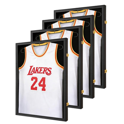 Hactyn Jersey Frame Display Case 4 Pack for Wall ,Large Lockable T-Shirt Shadow Box with Clear UV Protection Acrylic & Hangers for Football Basketball Baseball Soccer Hockey, Matte Black