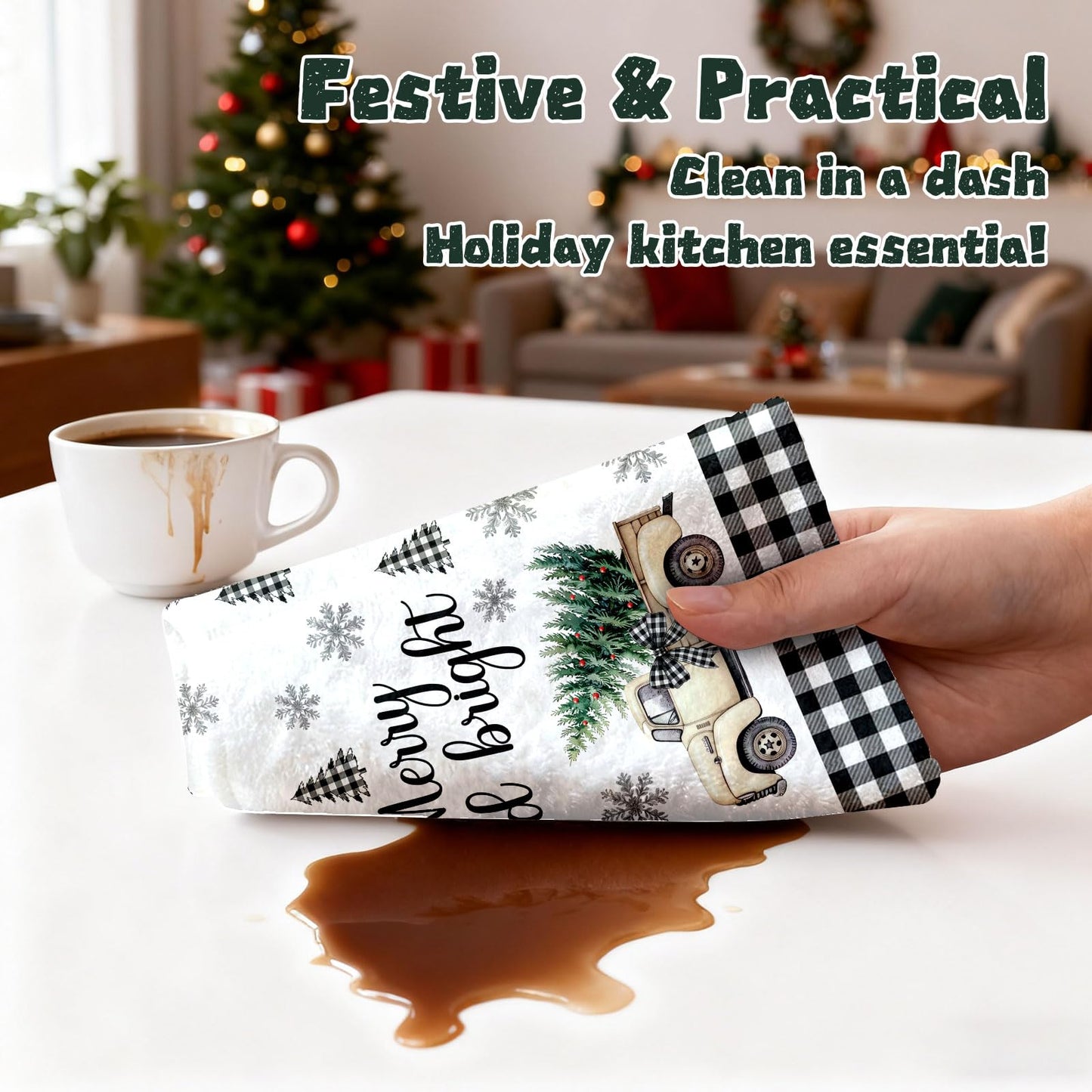 HEIFAM Green Xmas Christmas Kitchen Towels 6 Pcs, Christmas Hand Towel for Bathroom, Holiday Kitchen Towel, Snowman Tea Dish Towels, Snowflake Gloves Decor Gray Strips, Housewarming Gift, 17 X 26in